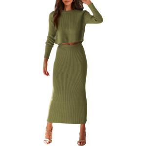 imagePRETTYGARDEN Womens Spring Fall 2 Piece Sweater Set Rib Knit Long Sleeve Crop Top Maxi Bodycon Skirt Casual Winter OutfitsArmy Green