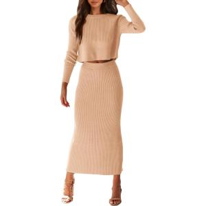 imagePRETTYGARDEN Womens Spring Fall 2 Piece Sweater Set Rib Knit Long Sleeve Crop Top Maxi Bodycon Skirt Casual Winter OutfitsBeige