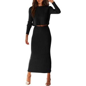 imagePRETTYGARDEN Womens Spring Fall 2 Piece Sweater Set Rib Knit Long Sleeve Crop Top Maxi Bodycon Skirt Casual Winter OutfitsBlack