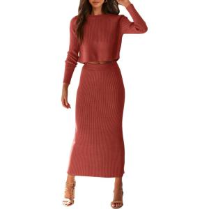 imagePRETTYGARDEN Womens Spring Fall 2 Piece Sweater Set Rib Knit Long Sleeve Crop Top Maxi Bodycon Skirt Casual Winter OutfitsBrick Red