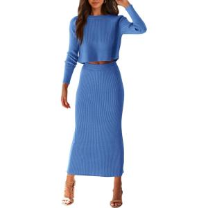 imagePRETTYGARDEN Womens Spring Fall 2 Piece Sweater Set Rib Knit Long Sleeve Crop Top Maxi Bodycon Skirt Casual Winter OutfitsBright Blue