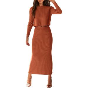 imagePRETTYGARDEN Womens Spring Fall 2 Piece Sweater Set Rib Knit Long Sleeve Crop Top Maxi Bodycon Skirt Casual Winter OutfitsCaramel
