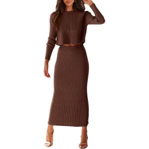 imagePRETTYGARDEN Womens Spring Fall 2 Piece Sweater Set Rib Knit Long Sleeve Crop Top Maxi Bodycon Skirt Casual Winter OutfitsCoffee