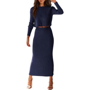 imagePRETTYGARDEN Womens Spring Fall 2 Piece Sweater Set Rib Knit Long Sleeve Crop Top Maxi Bodycon Skirt Casual Winter OutfitsDark Blue