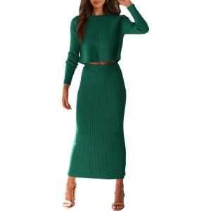 imagePRETTYGARDEN Womens Spring Fall 2 Piece Sweater Set Rib Knit Long Sleeve Crop Top Maxi Bodycon Skirt Casual Winter OutfitsDark Green