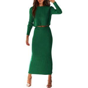 imagePRETTYGARDEN Womens Spring Fall 2 Piece Sweater Set Rib Knit Long Sleeve Crop Top Maxi Bodycon Skirt Casual Winter OutfitsGreen