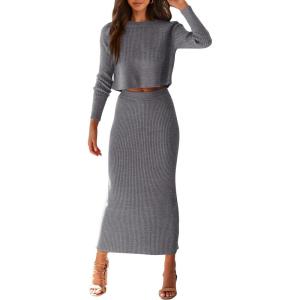 imagePRETTYGARDEN Womens Spring Fall 2 Piece Sweater Set Rib Knit Long Sleeve Crop Top Maxi Bodycon Skirt Casual Winter OutfitsGrey
