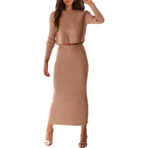 imagePRETTYGARDEN Womens Spring Fall 2 Piece Sweater Set Rib Knit Long Sleeve Crop Top Maxi Bodycon Skirt Casual Winter OutfitsKhaki