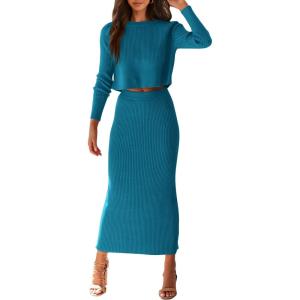 imagePRETTYGARDEN Womens Spring Fall 2 Piece Sweater Set Rib Knit Long Sleeve Crop Top Maxi Bodycon Skirt Casual Winter OutfitsLake Blue