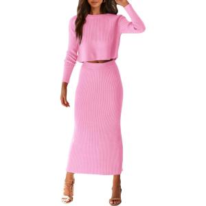 imagePRETTYGARDEN Womens Spring Fall 2 Piece Sweater Set Rib Knit Long Sleeve Crop Top Maxi Bodycon Skirt Casual Winter OutfitsPink