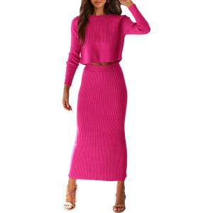 imagePRETTYGARDEN Womens Spring Fall 2 Piece Sweater Set Rib Knit Long Sleeve Crop Top Maxi Bodycon Skirt Casual Winter OutfitsRose Red