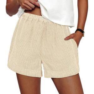 imagePRETTYGARDEN Womens Striped Boxer Shorts Summer 2025 Trendy Casual Elastic Waist Lounge Sleep Pajama Bottoms Beach ShortsStriped Apricot White