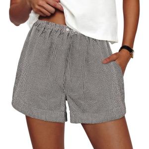 imagePRETTYGARDEN Womens Striped Boxer Shorts Summer 2025 Trendy Casual Elastic Waist Lounge Sleep Pajama Bottoms Beach ShortsStriped Black White