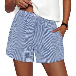 imagePRETTYGARDEN Womens Striped Boxer Shorts Summer 2025 Trendy Casual Elastic Waist Lounge Sleep Pajama Bottoms Beach ShortsStriped Blue White