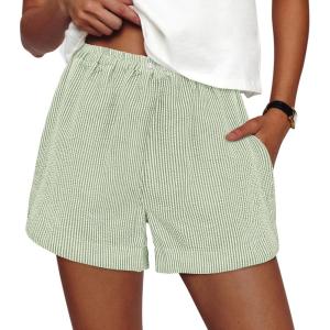 imagePRETTYGARDEN Womens Striped Boxer Shorts Summer 2025 Trendy Casual Elastic Waist Lounge Sleep Pajama Bottoms Beach ShortsStriped Light Green White