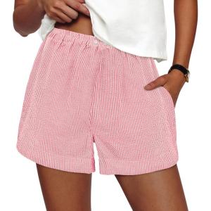 imagePRETTYGARDEN Womens Striped Boxer Shorts Summer 2025 Trendy Casual Elastic Waist Lounge Sleep Pajama Bottoms Beach ShortsStriped Pink White
