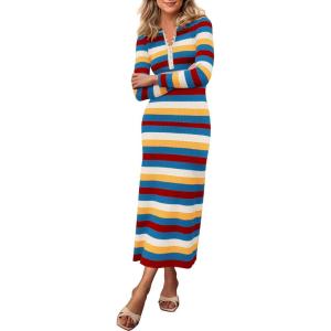 imagePRETTYGARDEN Womens Striped Spring Midi Sweater Dress Fall Long Sleeve Button Up V Neck Knit Bodycon Vacation Party DressesStriped Blue