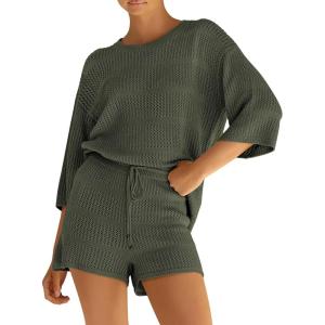 imagePRETTYGARDEN Womens Summer 2 Piece Cover up Knit Swimsuit Short Sleeve Tops Shorts Sets Bathing Suit Beach OutfitsArmy Green