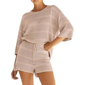 imagePRETTYGARDEN Womens Summer 2 Piece Cover up Knit Swimsuit Short Sleeve Tops Shorts Sets Bathing Suit Beach OutfitsBeige Apricot