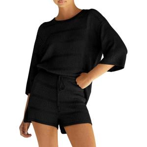 imagePRETTYGARDEN Womens Summer 2 Piece Cover up Knit Swimsuit Short Sleeve Tops Shorts Sets Bathing Suit Beach OutfitsBlack