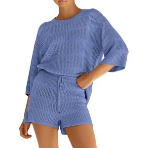 imagePRETTYGARDEN Womens Summer 2 Piece Cover up Knit Swimsuit Short Sleeve Tops Shorts Sets Bathing Suit Beach OutfitsBlue