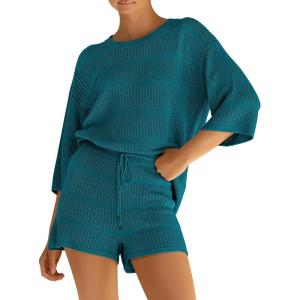 imagePRETTYGARDEN Womens Summer 2 Piece Cover up Knit Swimsuit Short Sleeve Tops Shorts Sets Bathing Suit Beach OutfitsBlue Green