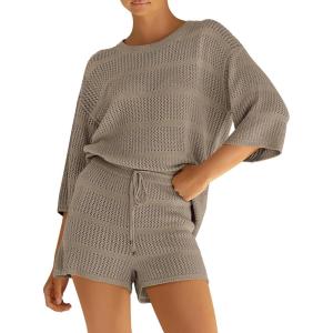 imagePRETTYGARDEN Womens Summer 2 Piece Cover up Knit Swimsuit Short Sleeve Tops Shorts Sets Bathing Suit Beach OutfitsKhaki