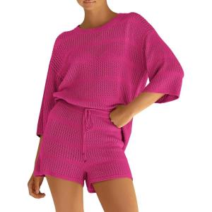 imagePRETTYGARDEN Womens Summer 2 Piece Cover up Knit Swimsuit Short Sleeve Tops Shorts Sets Bathing Suit Beach OutfitsRose Red