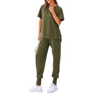 imagePRETTYGARDEN Womens Summer 2 Piece Outfit Tracksuits Casual Short Sleeve Tops High Waisted Sweatpants SetArmy Green