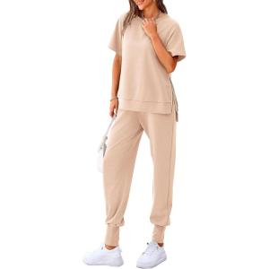 imagePRETTYGARDEN Womens Summer 2 Piece Outfit Tracksuits Casual Short Sleeve Tops High Waisted Sweatpants SetBeige