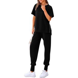 imagePRETTYGARDEN Womens Summer 2 Piece Outfit Tracksuits Casual Short Sleeve Tops High Waisted Sweatpants SetBlack