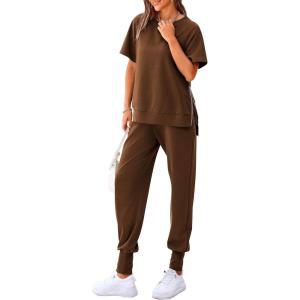 imagePRETTYGARDEN Womens Summer 2 Piece Outfit Tracksuits Casual Short Sleeve Tops High Waisted Sweatpants SetDark Brown