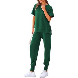 imagePRETTYGARDEN Womens Summer 2 Piece Outfit Tracksuits Casual Short Sleeve Tops High Waisted Sweatpants SetDark Green
