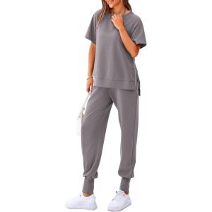 imagePRETTYGARDEN Womens Summer 2 Piece Outfit Tracksuits Casual Short Sleeve Tops High Waisted Sweatpants SetGrey
