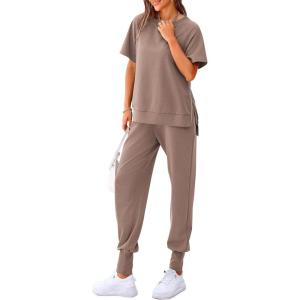 imagePRETTYGARDEN Womens Summer 2 Piece Outfit Tracksuits Casual Short Sleeve Tops High Waisted Sweatpants SetKhaki