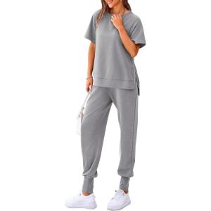 imagePRETTYGARDEN Womens Summer 2 Piece Outfit Tracksuits Casual Short Sleeve Tops High Waisted Sweatpants SetLight Grey