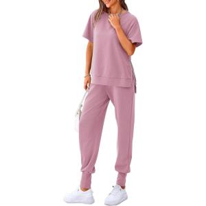 imagePRETTYGARDEN Womens Summer 2 Piece Outfit Tracksuits Casual Short Sleeve Tops High Waisted Sweatpants SetPink