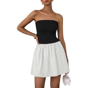imagePRETTYGARDEN Womens Summer Strapless Mini Party Dress 2025 Casual Tube Top Ruffle A Line Short Patchwork SundressesBlack White