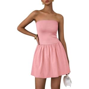imagePRETTYGARDEN Womens Summer Strapless Mini Party Dress 2025 Casual Tube Top Ruffle A Line Short Patchwork SundressesPink