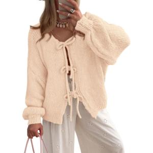 imagePRETTYGARDEN Womens Tie Front Bow Cardigan Sweaters Chunky Knit Long Puff Sleeve Trendy Fall Winter Jacket CoatsApricot