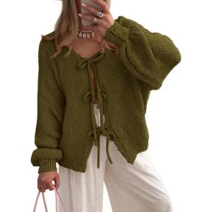 imagePRETTYGARDEN Womens Tie Front Bow Cardigan Sweaters Chunky Knit Long Puff Sleeve Trendy Fall Winter Jacket CoatsArmy Green