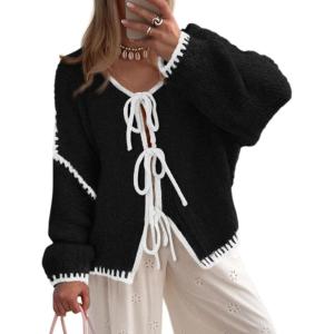 imagePRETTYGARDEN Womens Tie Front Bow Cardigan Sweaters Chunky Knit Long Puff Sleeve Trendy Fall Winter Jacket CoatsBlack White