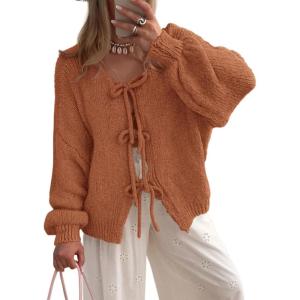 imagePRETTYGARDEN Womens Tie Front Bow Cardigan Sweaters Chunky Knit Long Puff Sleeve Trendy Fall Winter Jacket CoatsBrick Red