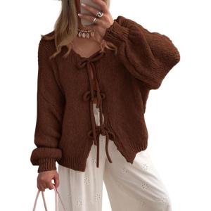 imagePRETTYGARDEN Womens Tie Front Bow Cardigan Sweaters Chunky Knit Long Puff Sleeve Trendy Fall Winter Jacket CoatsCaramel