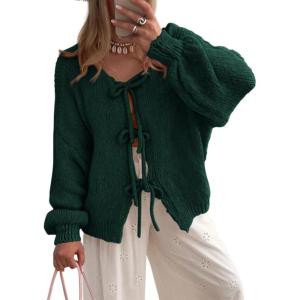 imagePRETTYGARDEN Womens Tie Front Bow Cardigan Sweaters Chunky Knit Long Puff Sleeve Trendy Fall Winter Jacket CoatsDark Green