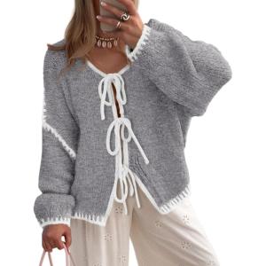 imagePRETTYGARDEN Womens Tie Front Bow Cardigan Sweaters Chunky Knit Long Puff Sleeve Trendy Fall Winter Jacket CoatsGrey White