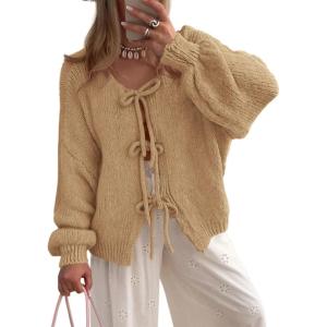 imagePRETTYGARDEN Womens Tie Front Bow Cardigan Sweaters Chunky Knit Long Puff Sleeve Trendy Fall Winter Jacket CoatsKhaki