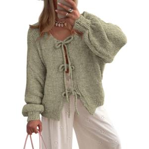 imagePRETTYGARDEN Womens Tie Front Bow Cardigan Sweaters Chunky Knit Long Puff Sleeve Trendy Fall Winter Jacket CoatsMist Green