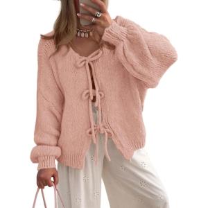 imagePRETTYGARDEN Womens Tie Front Bow Cardigan Sweaters Chunky Knit Long Puff Sleeve Trendy Fall Winter Jacket CoatsPink
