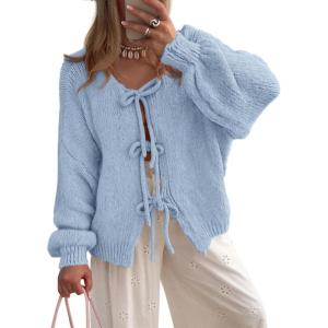 imagePRETTYGARDEN Womens Tie Front Bow Cardigan Sweaters Chunky Knit Long Puff Sleeve Trendy Fall Winter Jacket CoatsSky Blue